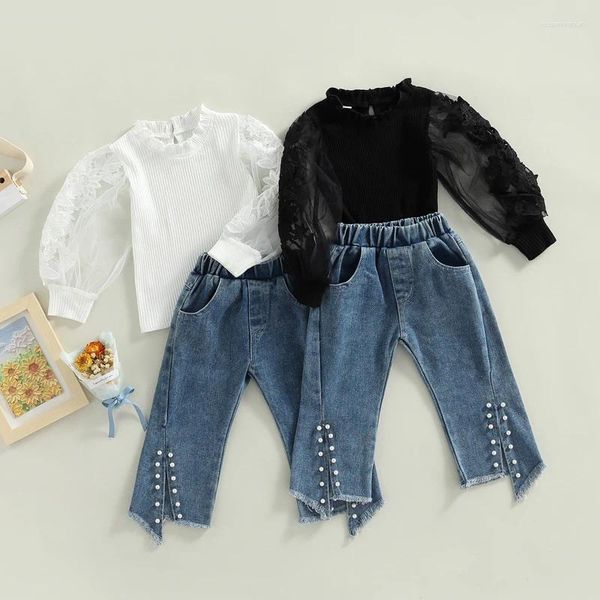 Set di abbigliamento Autunno Bambini Vestiti per ragazze Baby Lace Puff trasparente Manica lunga a coste Top Perla Split Pant Jeans Abiti per bambini 1-6 anni