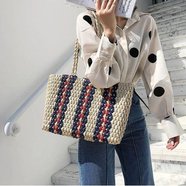 Sacos de noite moda listrado palha casual rattan grandes mulheres tote vime tecido bolsas femininas ombro verão praia viagens bolsas