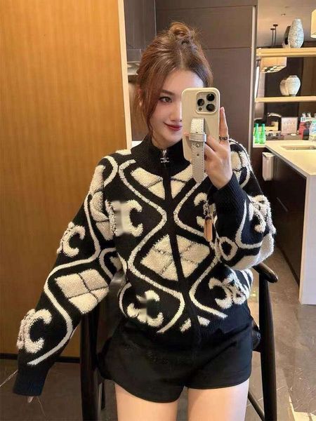 Celinnes Sweater Designer Moda Feminina Toalha Bordada Prego Diamante Preto e Branco Bloco de Cor Zíper Gola Alta Versátil Suéter Cardigã Curto de Malha