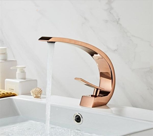 Torneiras de bacia moderna banheiro misturador torneira rosa ouro único punho único furo e cachoeira fria faucet3771886