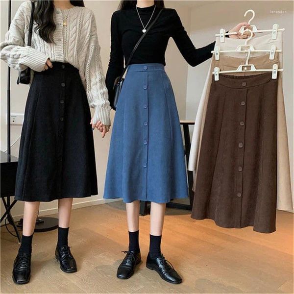 Saias Mulheres Saia A-Linha Cintura Alta Midi Simples Preto Elegante Corduroy Primavera Outono Inverno Faldas Femme Jupes 2024