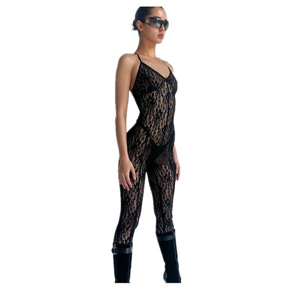 2024 Designer Sexy rückenfreie Overalls Frauen figurbetonte Spitze Strampler Spaghettiträger aushöhlen tiefen V-Ausschnitt durchsichtige Leggings Club Wear Großhandel Kleidung 10505