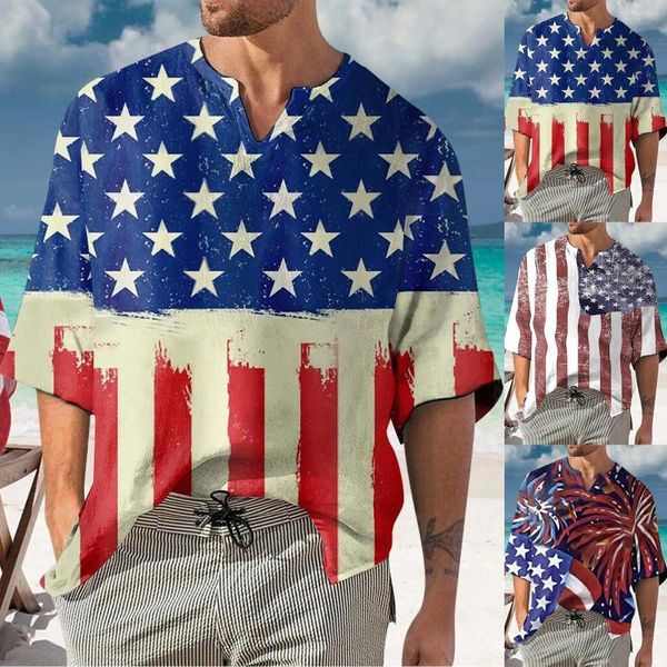 Homens camisetas Mens Independence Day Bandeira Digital 3D Impressão Bolha Enrugada Tecido Manga Curta V Pescoço Camisa Top