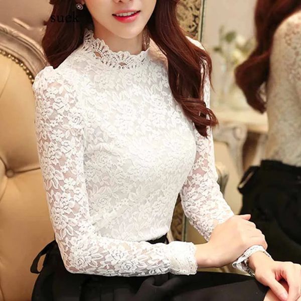 Модная кружевная вязанная крючком ажурная блузка, женские белые рубашки с воротником-стойкой, женские милые топы с длинными рукавами, Blusas 1695 240109