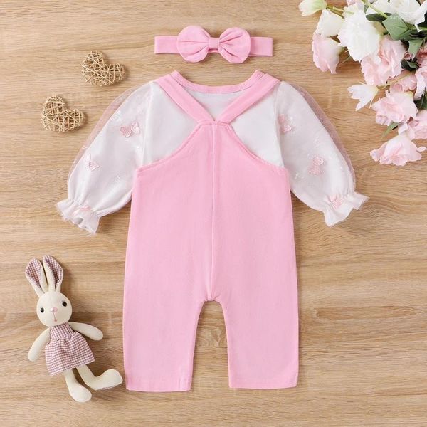 Kleidungssets Baby Mädchen 3-teiliges Set Rundhals Langarm Tops Patch Stickerei Overalls Stirnband Kleinkind Kleinkind Osteroutfit