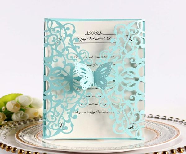 Tarjetas de boda de color azul claro Tarjetas brillantes cortadas con láser Invitaciones con mariposa para fiesta de compromiso Negocios DIY 20 colores Quinceañera I6870965