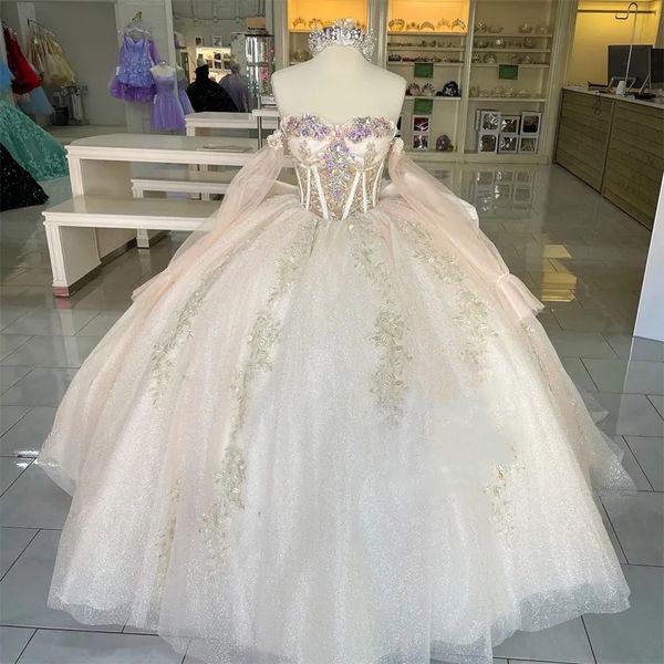 Funkelnde errötende rosafarbene Pailletten-Quinceanera-Kleider mit schulterfreien langen Ärmeln, Kristallen, Perlen, Prinzessinnen-Geburtstagsparty-Kleidern, Korsett, Promi-Kleid in Übergröße