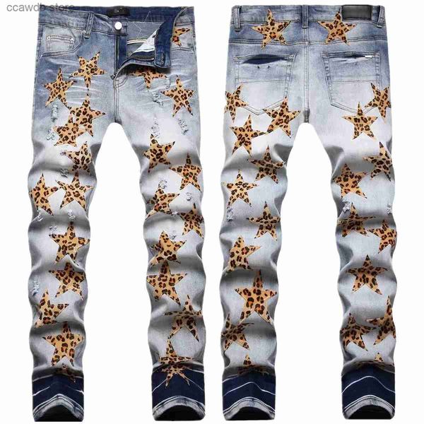 Jeans da uomo Jeans con patch leopardati Ricami stracciati da uomo Micro capitolo Alta elasticità Morbida e traspirante Tendenza stagionale Decorazione del grano consumato 22 T240109