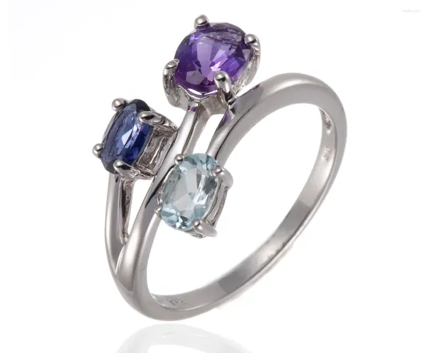 Cluster-Ringe GESIDE Ring aus Amethyst und Aquamarin-Iolith, Rhodium über Sterlingsilber, 1,77 ctw