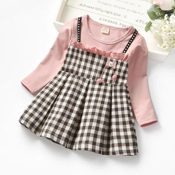 Abiti da ragazza Autunno 2024 Neonate Rivet Plaid a maniche lunghe Bambino finto in due pezzi Principessa in pizzo