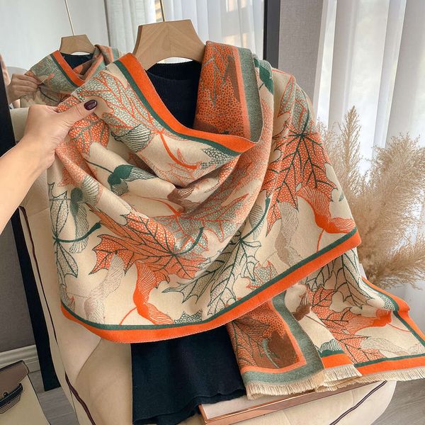 Literatura e arte de inverno moda cachecol de caxemira feminino elegante nova estampa de folha de bordo pescoço engrossado quente à prova de vento versátil xale