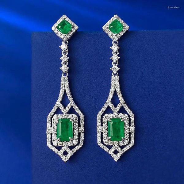 Brincos de luxo Art Deco 925 prata esterlina conjunto princesa almofada esmeralda gemas orelha gota balançar nouveau brinco jóias finas