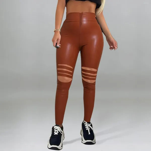 Damenhosen Frühling Frauen Einfarbig Hohe Taille Stretch Slim Fit Kunstleder Lochhose Sexy Hip Lift Bleistift Streetwear