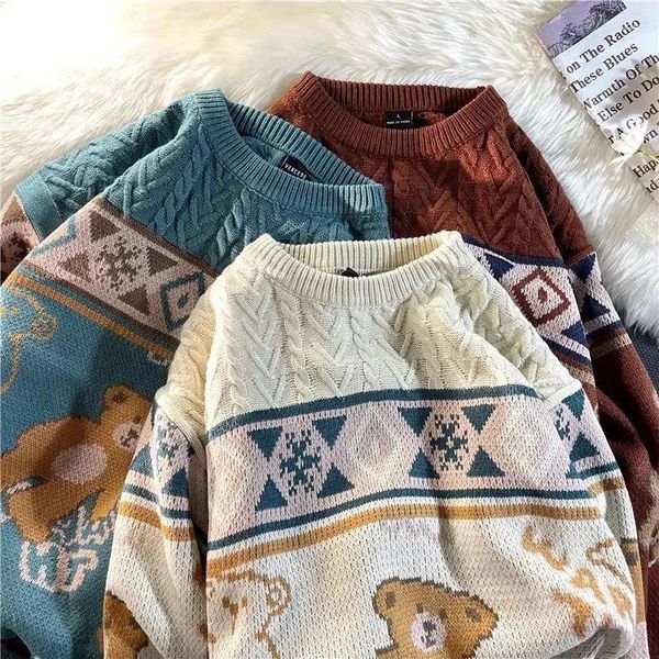 Женские свитера в японском стиле, ретро свитер с мультяшным медведем для женщин, осенне-зимний толстый высококачественный ленивый вязаный свитер