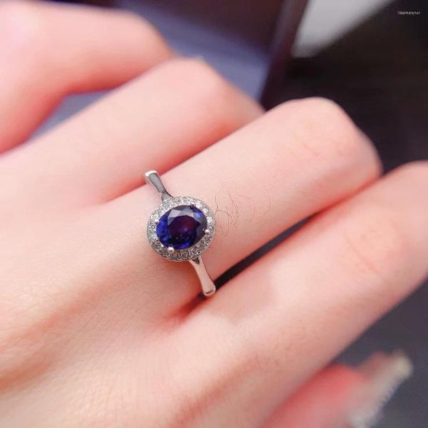 Küme halkaları katı 925 gümüş kraliyet mavisi safir nişan yüzüğü kadın için 5 6mm 0.6ct 3 katmanlı doğal 18k altın kaplama