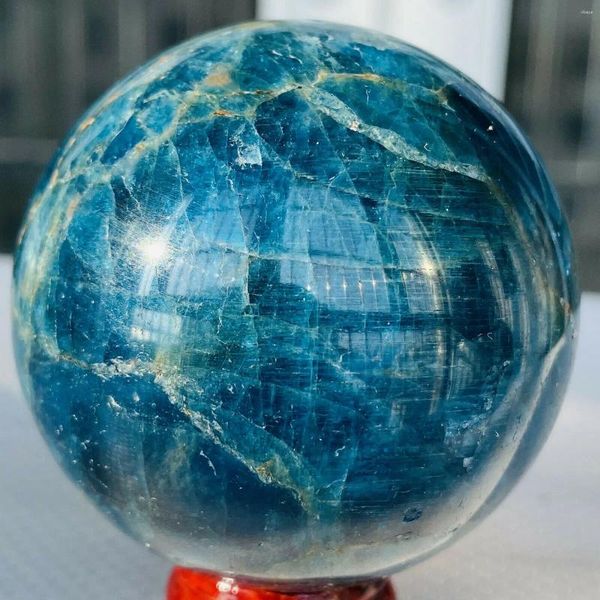 Estatuetas decorativas esfera de apatita azul natural, esfera de cristal de quartzo, suporte de cura mineral 316g