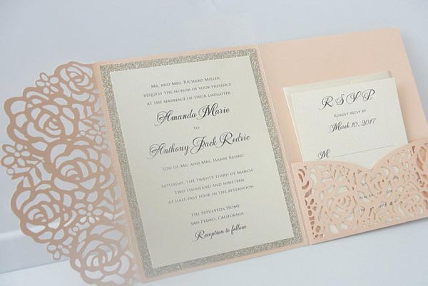 Convites de casamento rosa claro, prata, glitter, formatura, festa à noite, impressão preta 8022606