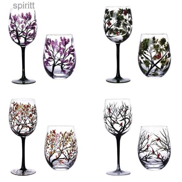 Bicchieri da vino 67JB Bicchieri da vino Albero delle quattro stagioni Bicchieri dipinti Bicchiere da vino artistico per gli amanti del vino Bicchieri di vetro di grandi dimensioni Vetreria regalo YQ240105
