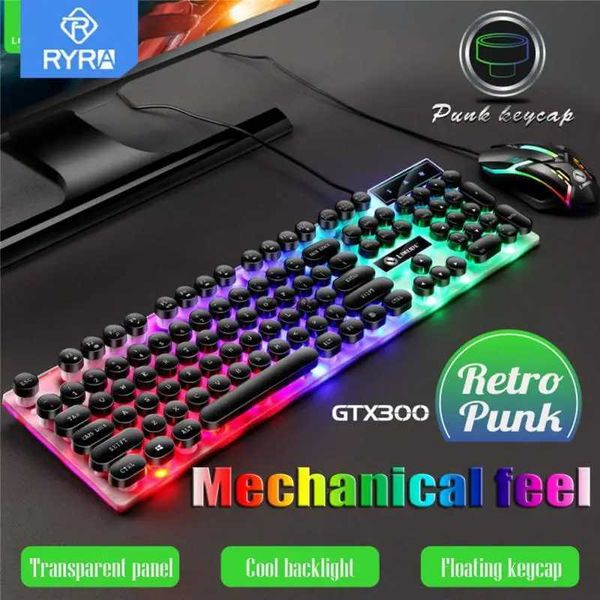 Teclados RYRA USB Wired Keyboard Mouse Set 104 teclas Punk Retro Mecânico Feel Gaming Teclado e Mouse Set LED Backlight para Laptops PCL240105