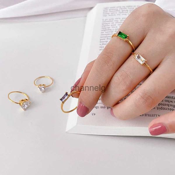 Anéis de cluster 18k banhado a ouro de aço inoxidável zircônia cúbica anel empilhador oblongo anel de coração brilhante para mulheres à prova d'água joias diárias yq240109