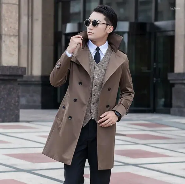 Мужские плащи Мужские коричневые мужские двубортные весенне-осенние пальто Мужская одежда Slim Fit Модное пальто с длинным рукавом Дизайнер