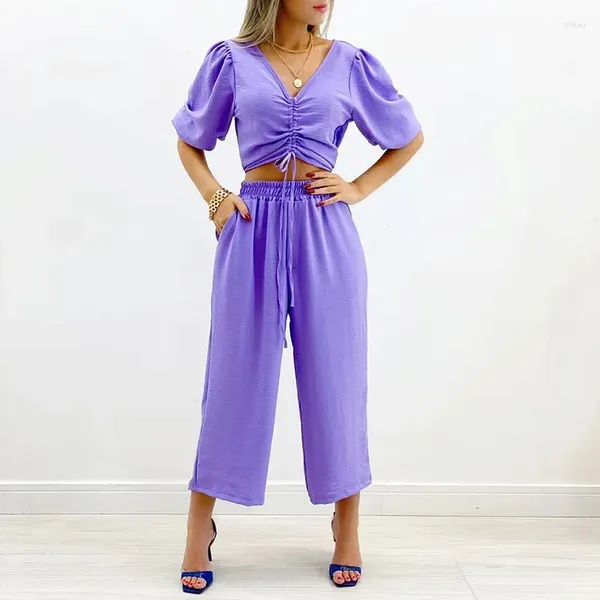 Calças femininas de duas peças 2024 moda roxo mulheres ternos tops casual v pescoço cordão bolha manga curta camisa alta cintura blusa