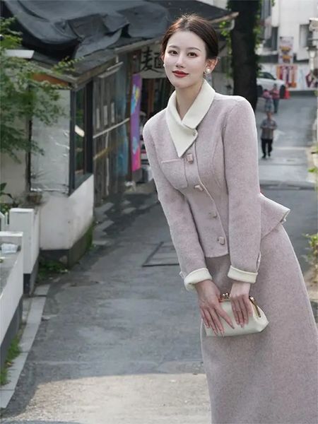 UNXX Chinesisches Vintage-Retro-Anzugset, kurze Jacke im Tweed-Chic-Stil mit Kontrastfarbe für Damen, Herbst, Winter, weiblich, Mädchen, 240109