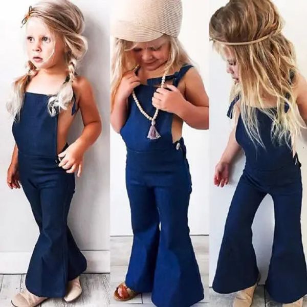 Fashion Kids Baby Girl Jeans Jumros Bandagem Bandagem Strap Bibra Macacão Macacão Blue Jumpsuits Roupos de traje de jogo 1-6 anos 240108