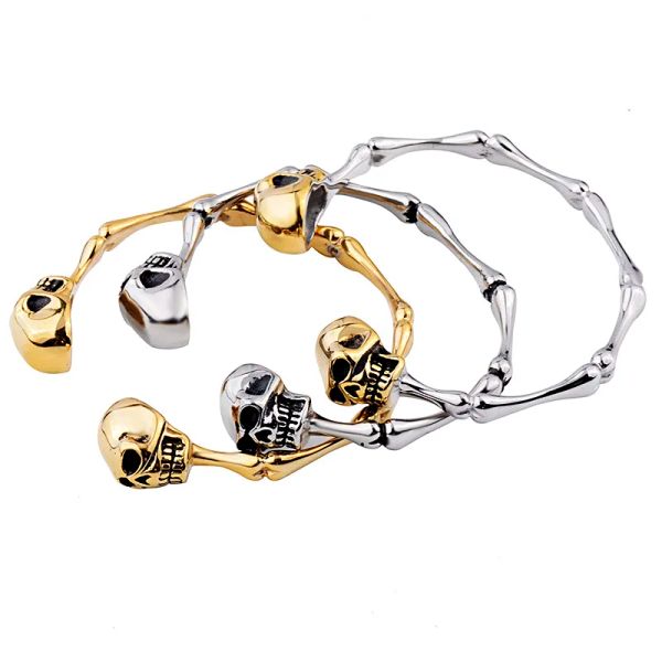 Schmuck Herren-Armreif mit Totenkopfkopf, goldfarben, Bambus-Design, 14 Gold, cooler Punk-Armreif