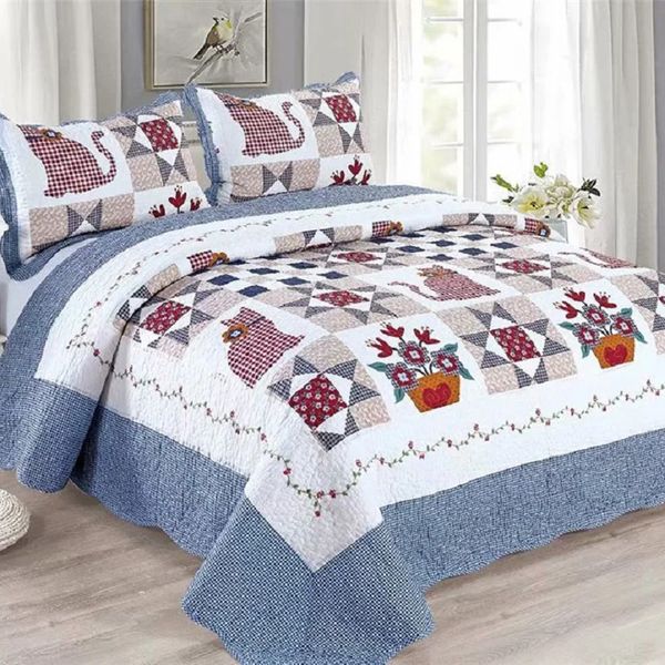 Colcha acolchoada de algodão na cama com 2 peças de fronhas patchwork colcha cobertor de linho xadrez colcha cubrecam capa colcha 240109