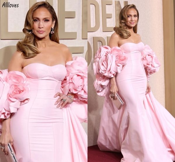 Jennifer Lopez Altın Küre Ödülleri 2024 Kırmızı Halı Ünlü Elbiseler Allık Pembe Güllü Kollu Arka Train Akşam Prows Seksi Trompet Resmi Elbise Cl3183