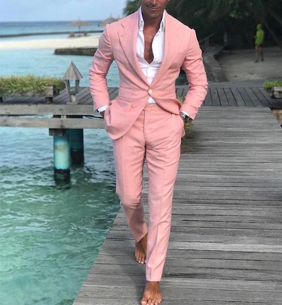 Chaquetas Últimos diseños de pantalones de abrigo Trajes de playa de verano para hombres Trajes rosados para el baile de bodas Slim Fit Novio Los mejores hombres Traje masculino 2 piezas
