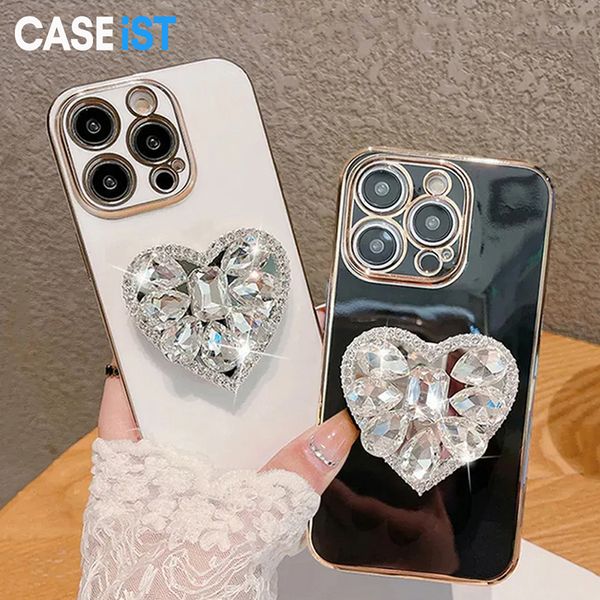 CASEiST Custodia per telefono elettrolitico di lusso con supporto a forma di cuore con diamanti Glitter 3D con strass Stand Regalo per donne Cover in TPU scintillante per iPhone 15 14 13 12 11 Pro Max XS 8 7 Plus