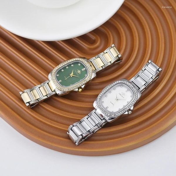 Relógios de pulso de luxo moda oval metal banda relógios de aço para mulheres 2024 marca simples casual retângulo strass senhoras relógio de pulso de quartzo