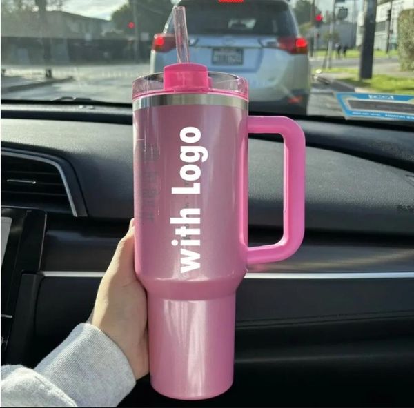 ABD Depo Pembe Geçit Töreni 1: 1 Logo H2.0 40oz Paslanmaz Çelik Tumbler Silikon Saplı Kapak ve Saman Seyahat Araba Kupaları Soğuk Su Şişeleri İçmeye devam edin I0109