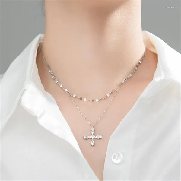 Anhänger Halsketten Koreanischen Stil Doppelschicht Luxus Kristall Kreuz Halskette Charming frauen Silber Farbe Schlüsselbein Kette Trend Party Schmuck