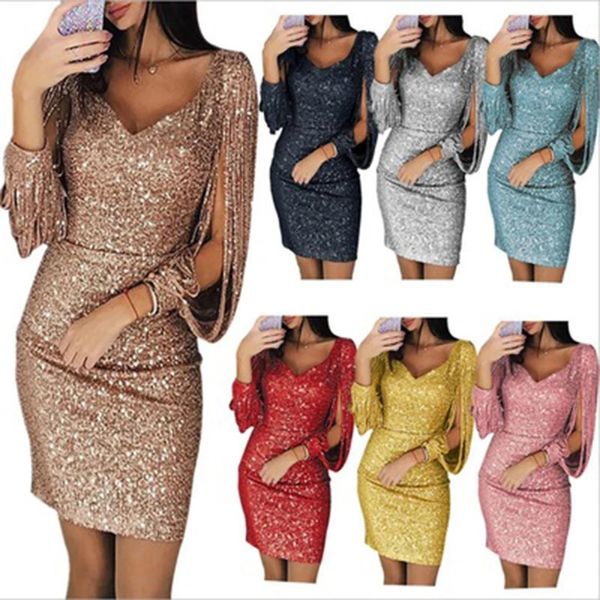 Mulheres vestido de lantejoulas brilho brilho sexy profundo decote em v curto acima do joelho manga longa borla 240109