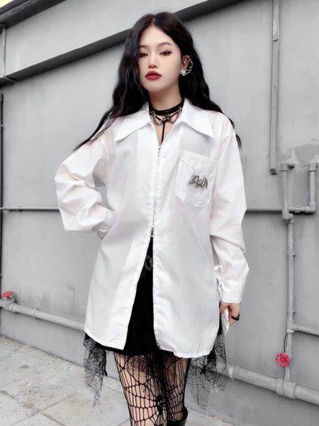 Camicette da donna High Street Bianco Manica lunga Camicie casual Donna Design di nicchia Senso Stile punk Cerniera allentata Ropa De Mujer Top