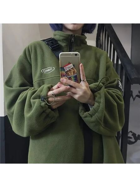 HOUZHOU Винтажные флисовые зеленые куртки женские Harajuku уличная одежда большие толстовки на молнии женские корейские модные базовые толстовки 240109