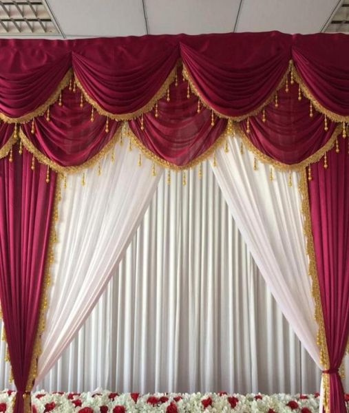 Cortina de pano de fundo de seda gelo branco 10 pés x 10 pés e vinho vermelho swag cortinas com borlas de ouro para decoração de festa de aniversário de casamento 8289577