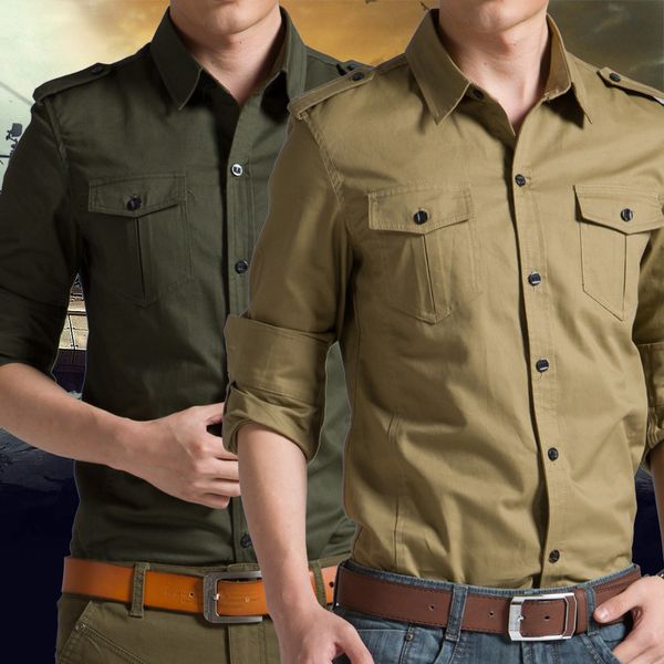 Askeri Stil Erkekler Gençlik Uzun Kollu İnce Takım İş Giyim Gömleği, Saf Pamuk Nefes Alabilir Kayış Omuz Rozeti, Çok Bag Gömlek