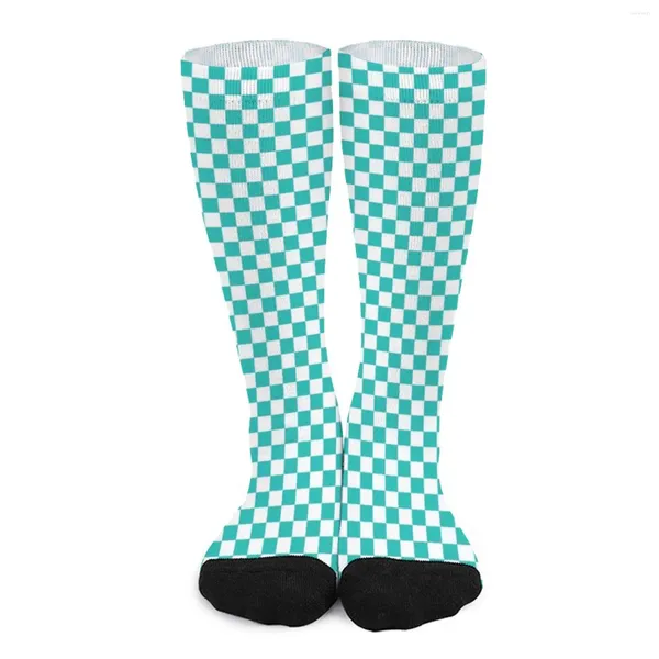 Mulheres meias aqua checkerboard verde branco quadrados kawaii meias femininas quente macio skate primavera padrão antiderrapante