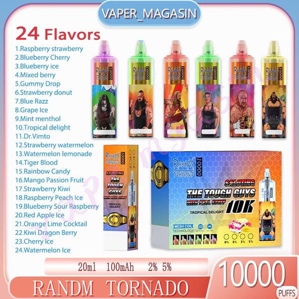Best Selling RandM Tornado 10000 Puffs E Cigarros Descartáveis 0.8ohm Bobina de Malha 20ml Pod Bateria Recarregável Cigarros Eletrônicos 10K Puffs 2% 5% RBG Light Vape Pen