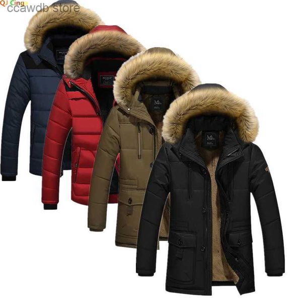 Jaquetas masculinas preto com capuz parkas jaqueta gola de pele falsa casacos grossos de inverno moda quente outerwear masculino casaco azul vermelho jaqueta t240109