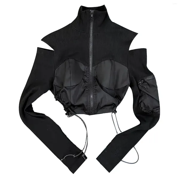 Женские куртки 2024, осенний топ, черный полый с открытыми плечами, на шнурке, с воротником-стойкой, с длинными рукавами, пальто с короткими рукавами, модный A