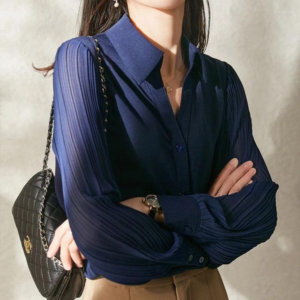 Camicette da donna Camicia elegante in chiffon blu navy Camicetta moda primavera estate 2024 Stile coreano Colletto rovesciato Tinta unita per donna