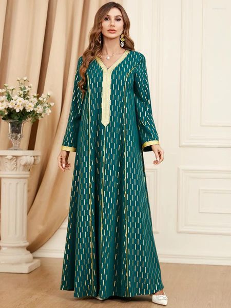 Abbigliamento etnico Marocco Abito di lusso Donna Ramadan musulmano Eid Jalabiya Verde nerastro Punto oro Dubai Abito arabo Caftano marocchino