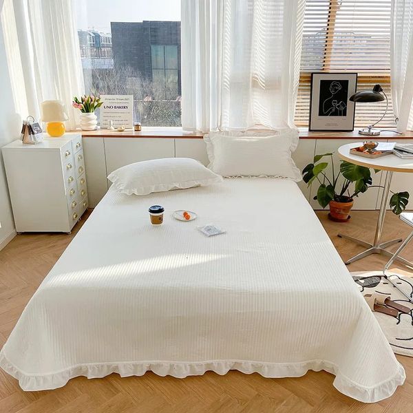 Estilo coreano acolchoado capa de cama dupla e fronha 100% algodão babados confortável colcha tamanho rainha conjunto macio casa coverlet 240109