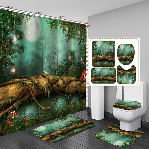 Cortinas de chuveiro fantasia floresta tecido cortina de chuveiro conjunto noite misteriosa selva lua cheia lago videira cogumelo borboleta conto de fadas conjunto de banheiro