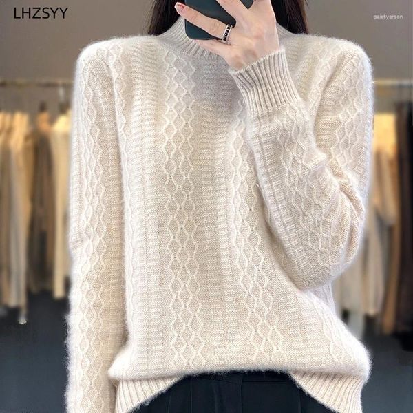 Damenpullover LHZSYY Winter-Halbrollkragen-Kaschmirpullover Frauen Langarm-Strickpullover Lose Dickes Jacquard-Shirt Warme reine Wolle